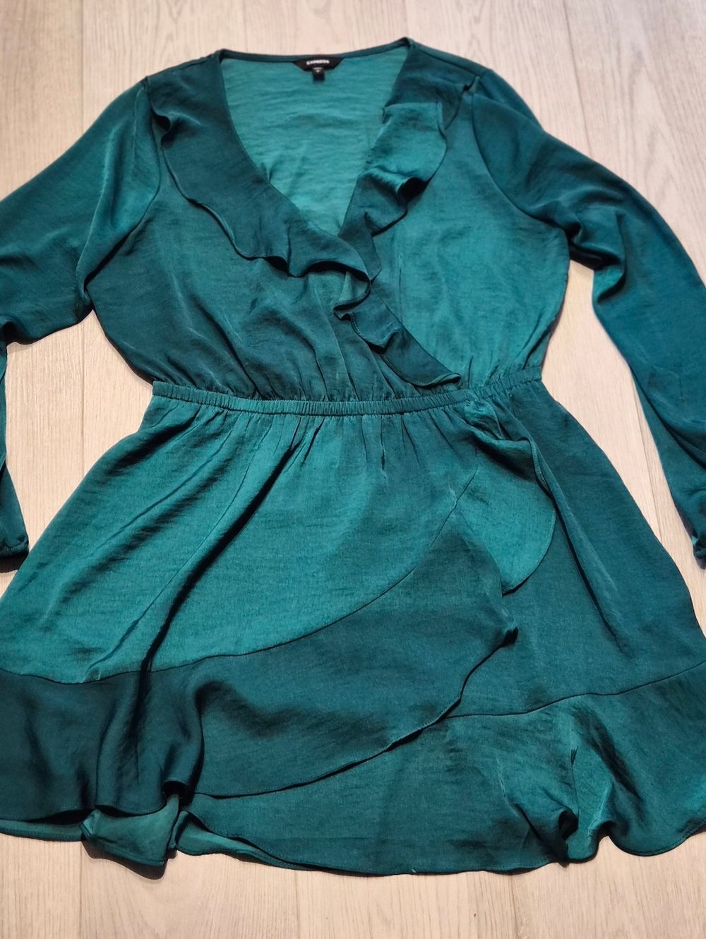 Express Teal Ruffle Wrap Long Sleeve Dress